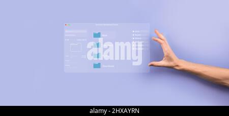 Document management concept. Virtual screen icons Document Management System DMS Online document database, software for efficient archiving, searching Stock Photo