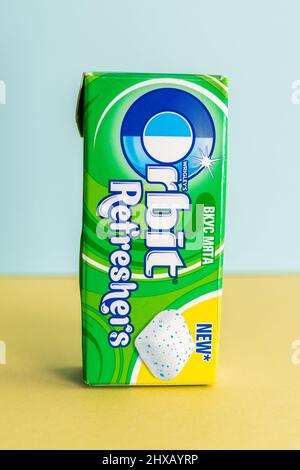 Tyumen, Russia-December 27, 2021: Wrigleys Extra and Orbit chewing gum. Close up Stock Photo