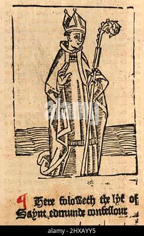 15th century woodcut showing Saint Edmund the confessor,  as printed by William Caxton ( 1422-1491/92) in his translation of  'The Golden Legend' or  'Thus endeth the legende named in Latyn legenda aurea that is to saye in Englysshe the golden legende' by Jacobus, de Voragine, (Circa 1229-1298). Stock Photo