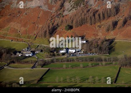 Old Dungeon Ghyll Hotel below the 'Langdale Pikes' from 'Side Pike' at Dawn, Great Langdale, Lake District National Park, Cumbria, England, UK Stock Photo