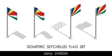 isometric flag of SEYCHELLES in static position and in motion on flagpole. 3d vector Stock Vector
