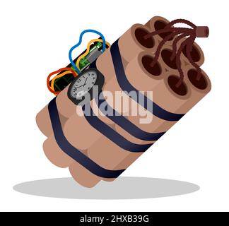 Cartoon bunch of cylinders with dynamite with clockwork. Explosives for mining operations. Vector isolated on white background Stock Vector