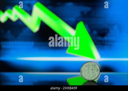 One ruble coins lies on RUB to USD currency chart. Crisis in the Russian economy. The falling ruble exchange rate, toned image Stock Photo