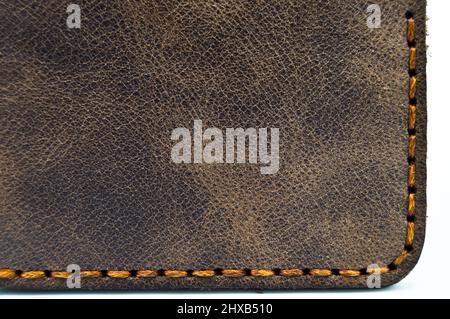 Very stylish brown leather money and credit card wallet, leather wallet sewing detail Stock Photo