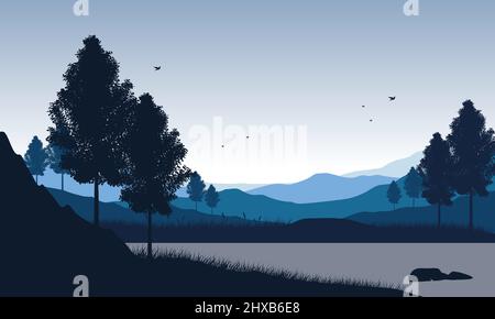 Panoramic silhouette of mountains with beautiful cypress trees at sunrise from riverside. Vector illustration of a city Stock Vector