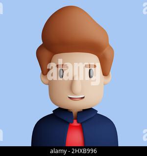 3D illustration of smiling caucasian man. Cartoon close up portrait of standing caucasian man on a blue background. 3D Avatar for ui ux. Stock Photo