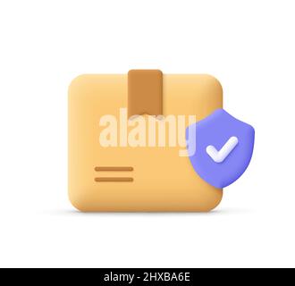 Cardboard box, delivery package, shipping box with shield. Transportation, safe delivery, delivery security and insurance, shipping concept. 3d vector Stock Vector