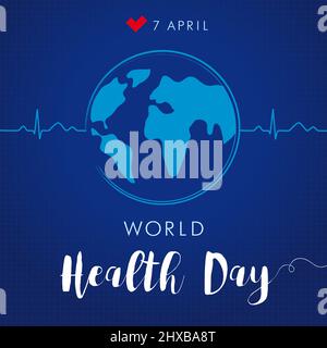 World health day 7 April lettering and heartbeat square banner. World map in heart brush stroke frame the normal cardiogram. Isolated abstract graphic Stock Vector