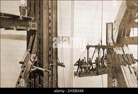 A composite photograph of  workmen building the Quebec Bridge  originally built to carry three tracks of the National Transcontinental railway near Quebec, Canada. When nearing completion on August 29, 1907after four years of construction, the south arm and part of the central section of the bridge collapsed into the river killing 75 of the 86 workmen upon it. It became  the world's worst bridge construction disaster .  It was completed in 1919. Stock Photo