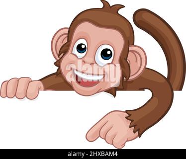 Monkey Cartoon Character Animal Pointing At Sign Stock Vector