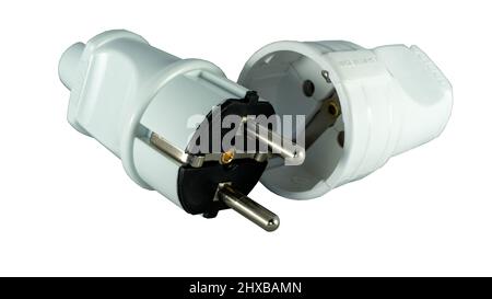Male and female power plug. Wireless plug end. Grounded plug. Isolated on a white background. Stock Photo