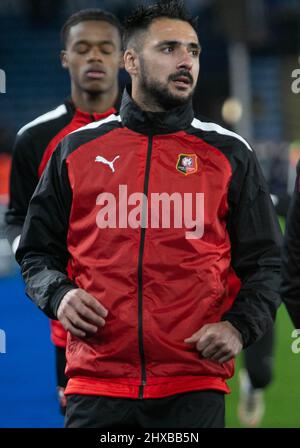 Leicester, UK. 10th Mar, 2022. Gaetan Laborde of Stade Rennais during the UEFA Conference League, Round of 16, 1st leg football match between Leicester City and Stade Rennais (Rennes) on March 10, 2022 at King Power Stadium in Leicester, UK. Photo by Laurent Lairys/ABACAPRESS.COM Credit: Abaca Press/Alamy Live News Stock Photo
