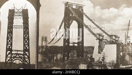 George Washington Bridge (opened 1931), informally known as the Hudson River Bridge during its construction, showing  before and after photos of the  cables being  put in position.