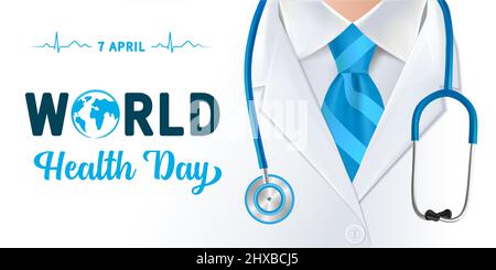 World Health Day, doctor and stethoscope design. Globe in text and normal cardiogram as a concept poster for World Health Day, 7 April. Vector illustr Stock Vector