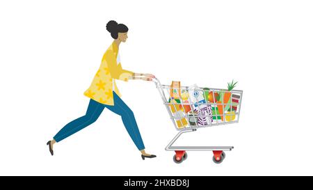 Woman with full shopping cart. Vector illustration. Stock Vector