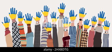 Group of raised arms of multicultural men and women who have their hands painted in the colors of the Ukrainian flag.Support for Ukraine.Peace concept Stock Vector