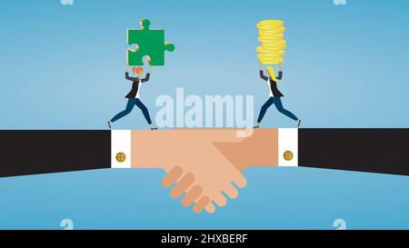 Negotiation and commitment. Handshake with people meeting on middle with puzzle and money. Vector  illustration. Dimension 16:9. Stock Vector