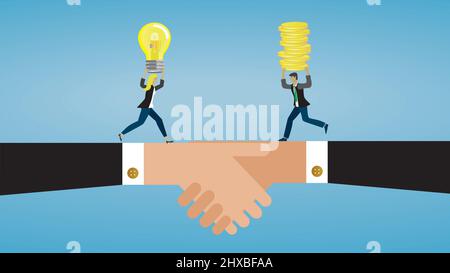 Handshake with woman carrying light bulb and man with money. Vector illustration. Dimension 16:9. Stock Vector