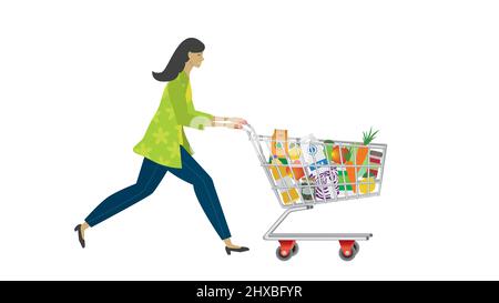 Woman with full shopping cart. Isolated on white background. Vector illustration. Stock Vector