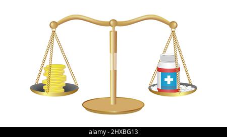 Weight scale with money on one side and medicine bottle with pills on the other. Vector illustration. Stock Vector