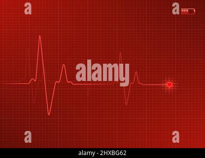 Electrocardiogram illustration in red color with battery icon. Stock Vector