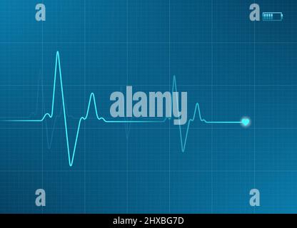 Electrocardiogram illustration in blue color with battery icon. Stock Vector
