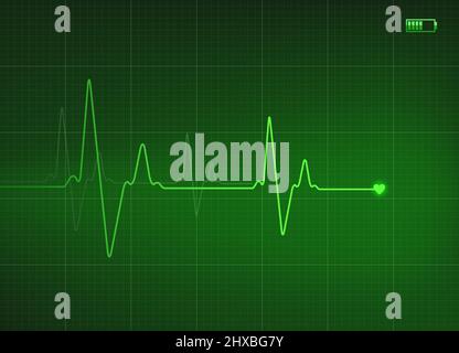 Electrocardiogram illustration in green color with battery icon. Stock Vector