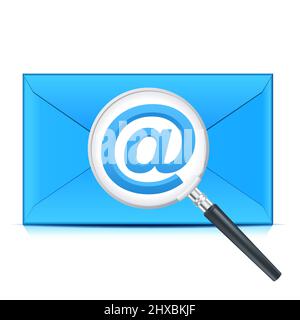Email icon symbol with envelope and magnifying glass illustration isolated on white background. Stock Vector