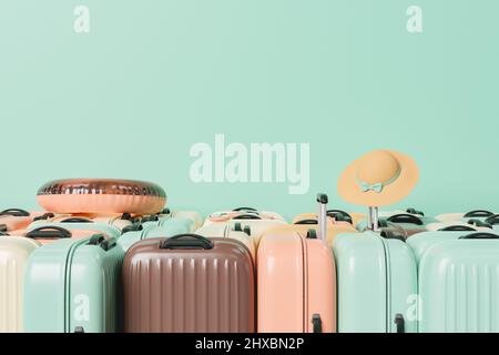 many suitcases stacked with summer travel accessories on top. space for text. concept of travel, summer, vacation, family, friends and destinations. 3 Stock Photo