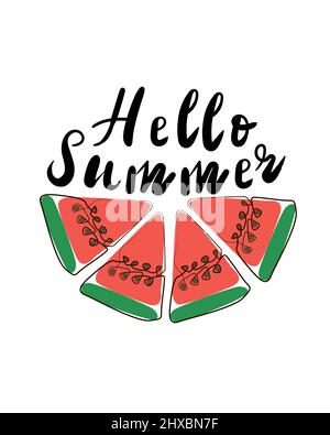 Vector summer juicy watermelon isolated on white background. Lettering hello summer. Colored lineart for your design. Stock Vector