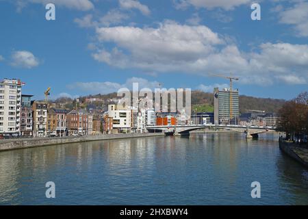 Liege, Belgium - March 5. 2022: View over river meuse on cityscape againnst blue sky Stock Photo