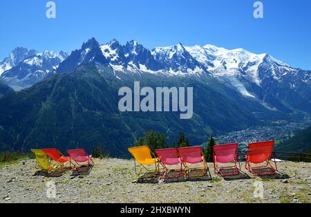 Idyllic landscape with Mont Blanc mountain range in sunny day. Nature Reserve Aiguilles Rouges, Graian Alps, France, Europe. Stock Photo