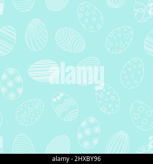 Delicate pastel heavenly seamless Easter pattern. The contour egg on blue background. Festive template for paper, fabric, packaging and design vector Stock Vector