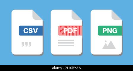 File Format Document icons. CSV, PDF, PNG. Editable Vector. Stock Vector