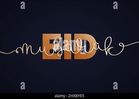 Eid Mubarak lettering. Vector illustration of creative greeting card with continuous one line hand drawn text Stock Vector