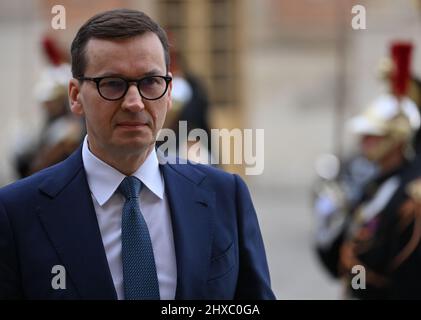 Versailles, France. 11th Mar, 2022. Poland’s Prime Minister Mateusz Morawiecki arrives for a meeting at the Palace of Versailles, near Paris, on March 11, 2022, prior to the EU leaders summit to discuss the fallout of Russia's invasion in Ukraine. EU leaders are scrambling to find ways to urgently address the fallout of Russia's invasion of Ukraine that has imperilled the bloc's economy and exposed a dire need for a stronger defence Photo by Christian Liewig/ABACAPRESS.COM Credit: Abaca Press/Alamy Live News Stock Photo