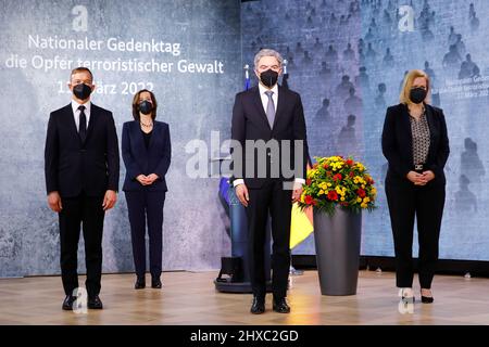 11 March 2022, Berlin: Pascal Kober (l-r), Federal Government Commissioner for the Concerns of Victims of Terrorist and Extremist Attacks in Germany, Petra Terhoeven, historian, Stephan Harbarth, President of the Federal Constitutional Court, and Nancy Faeser (SPD), Federal Minister of the Interior and Home Affairs, stand during the minute's silence at the German government's commemoration of the victims of terrorist violence. The Day of Remembrance, which is to be held annually on March 11, ties in at the national level with the European Day of Remembrance, which was established after the Mad Stock Photo