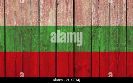 Top view of Old Painted Flag of Bulgaria on Dark Wooden Fence, wall. patriot and travel concept. no flagpole. Plane design, layout. Flag background Stock Photo