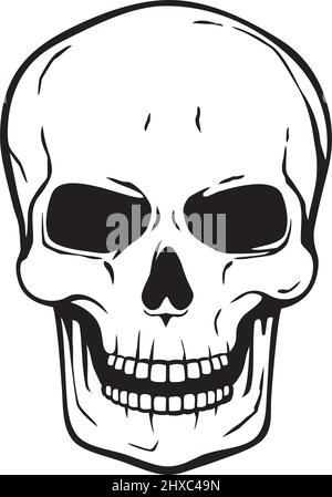 Vector black and white illustration of human skull with a lower jaw in ...