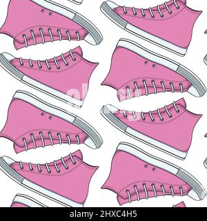 Seamless pattern with pink sneakers, gumshoes. Vector color background. Stock Vector