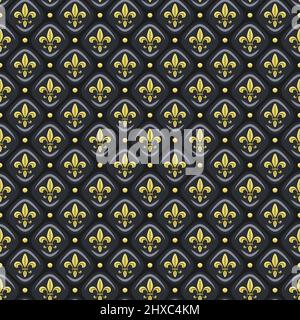 Seamless pattern with black leather upholstery, golden fleur de lis. Vector background. Stock Vector