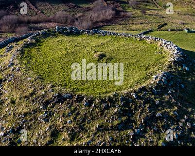 Aerial view of historic Ringfort by Kilcar in County Donegal - Ireland. Stock Photo