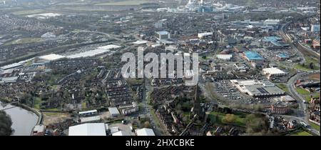 Panoramic aerial view of the Warrington town centre skyline (taken from the east looking west). Sainsburys prominent in right foreground. Stock Photo