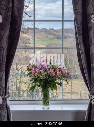 A large vase of alstroemerias on a window sill. There are long distant views through the window. Stock Photo