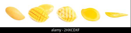 Mango collection. Mango fruits isolated on white background. tropical half mango ,Mango slice exotic fruit isolated Stock Photo