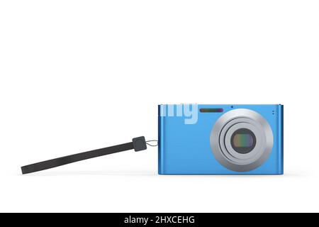 Stylish blue compact pocket digital camera isolated on white background. 3D rendered concept of vacation travel destination Stock Photo