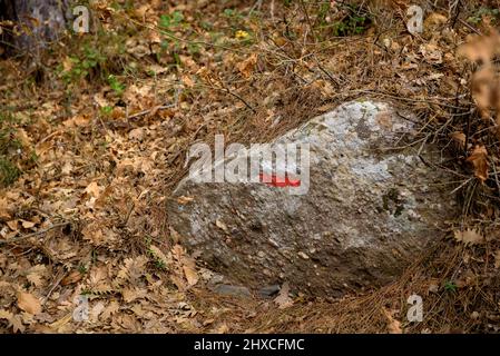 Indicator signs on the path from Prades to the summit of Tossal de la Baltasana, in the Prades mountains (Tarragona, Catalonia, Spain) Stock Photo