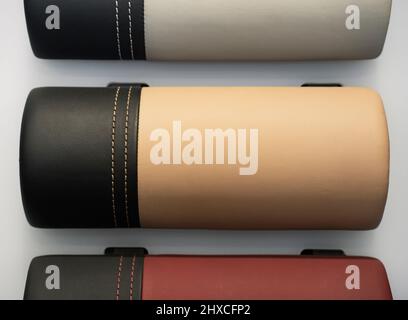 Samples of interior trim of a modern car with leather. Stock Photo