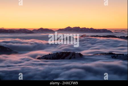 Germany, Magical view above mountains and valley of swabian jura nature ...