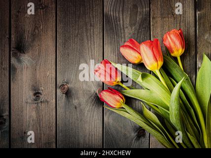 Red fresh tulips on a wooden table in grunge style. Stock Photo